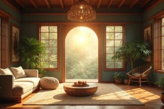 Zöld növényekkel díszített belső tér fa elemekkel és természetes fényben.