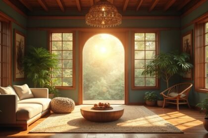 Zöld növényekkel díszített belső tér fa elemekkel és természetes fényben.