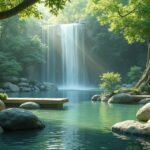 Vízió a természet szépségének, vízesés, zöld növények és kőzések