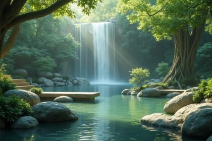 Vízió a természet szépségének, vízesés, zöld növények és kőzések