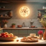 Tiszta és rendezett konyha friss gyümölcsökkel és zöldségekkel.