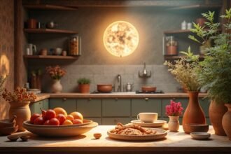 Tiszta és rendezett konyha friss gyümölcsökkel és zöldségekkel.