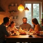 Családi közös étkezés a konyhában, boldog pillanatokkal.