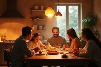 Családi közös étkezés a konyhában, boldog pillanatokkal.