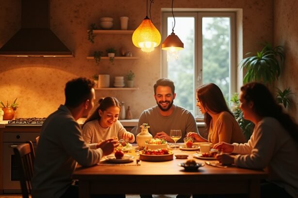 Családi közös étkezés a konyhában, boldog pillanatokkal.