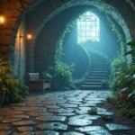 Kellemes pince enteriőr zöld növényekkel és lépcsővel.