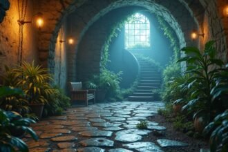 Kellemes pince enteriőr zöld növényekkel és lépcsővel.