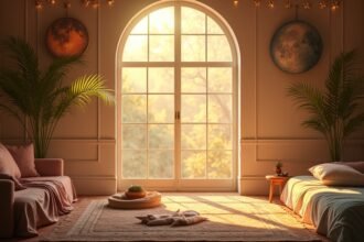 Világos, napfényes szoba reggeli energikus hangulattal