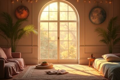 Világos, napfényes szoba reggeli energikus hangulattal