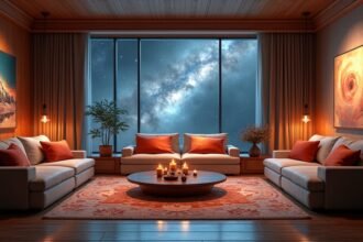 Modern lakótér galaxis kilátással és feng shui elemekkel.