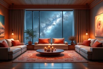 Modern lakótér galaxis kilátással és feng shui elemekkel.