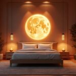Feng Shui hálószoba, világító nap képpel a falon, egészséges alváshoz.