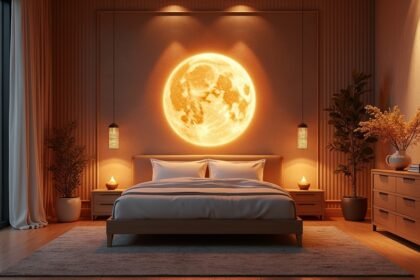 Feng Shui hálószoba, világító nap képpel a falon, egészséges alváshoz.