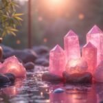 Rózsakvarc kristályok vízben, lágy fényben, harmonikus környezetben