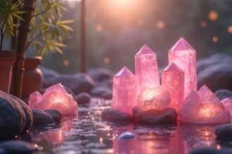 Rózsakvarc kristályok vízben, lágy fényben, harmonikus környezetben