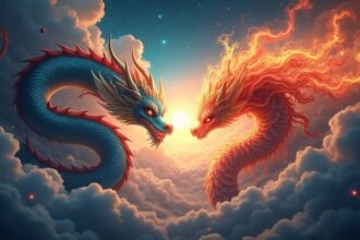 Sárkány és főnix találkozása a felhők felett