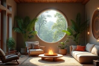 Harmonikus, természetes anyagokkal berendezett lakótér növényekkel és világítással.