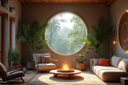 Harmonikus, természetes anyagokkal berendezett lakótér növényekkel és világítással.