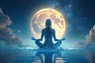 Meditáló nő a vízben a telihold fényében