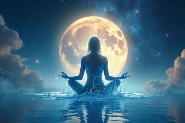 Meditáló nő a vízben a telihold fényében