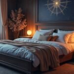 Bútorozott hálószoba ágyneműtartóval és hangulatos világítással.