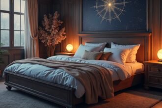 Bútorozott hálószoba ágyneműtartóval és hangulatos világítással.