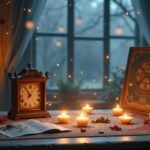 Gyertyák és óra egy romantikus asztalon, ajándékötletek mellett.