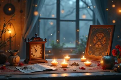 Gyertyák és óra egy romantikus asztalon, ajándékötletek mellett.