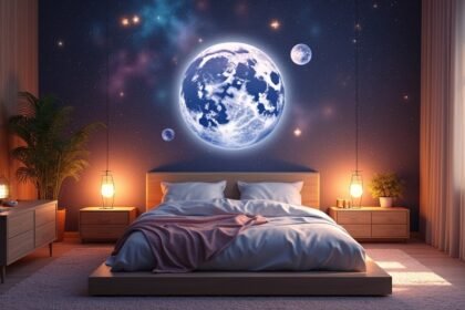 Hálószoba feng shui design csillagos háttérrel és nyugodt színekkel