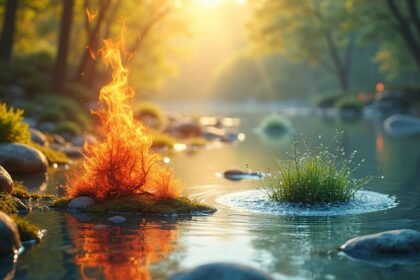 Tűz és víz elemek egy harmonikus tájban