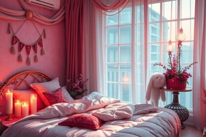 Romantikus hálószoba délnyugati irányban, páros tárgyakkal és meleg színekkel.