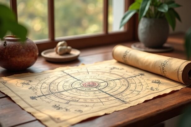 BaZi asztrológiai elemzés térképe és tekercse természetes környezetben.