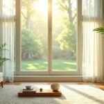 Fényes nappali növényekkel, egy kávézóasztallal és természetes világítással.