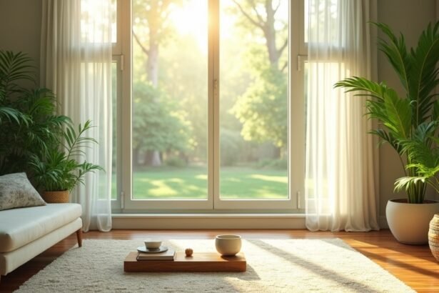 Fényes nappali növényekkel, egy kávézóasztallal és természetes világítással.