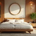 Modern hálószoba fás berendezéssel és növényekkel