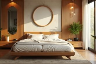 Modern hálószoba fás berendezéssel és növényekkel