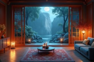 Látványos nappali kilátással a természetre, meghitt világítással.