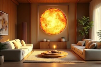 Fényes nap képe egy modern nappaliban, asztrológiai témája van.