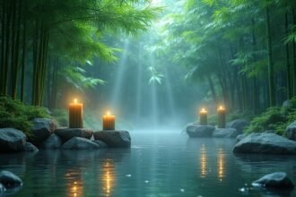 Bambusz erdő és gyertyák vízpartján, relaxációs hangulatban.