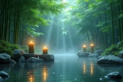 Bambusz erdő és gyertyák vízpartján, relaxációs hangulatban.
