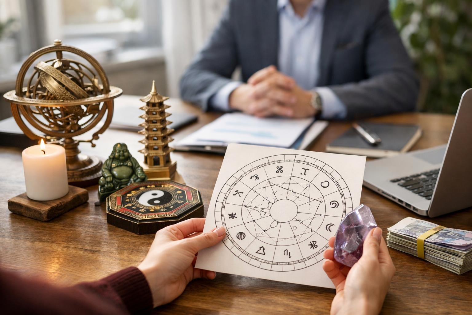 Fizetésemeléshez kapcsolódó asztrológiai térkép és Feng Shui dekoráció