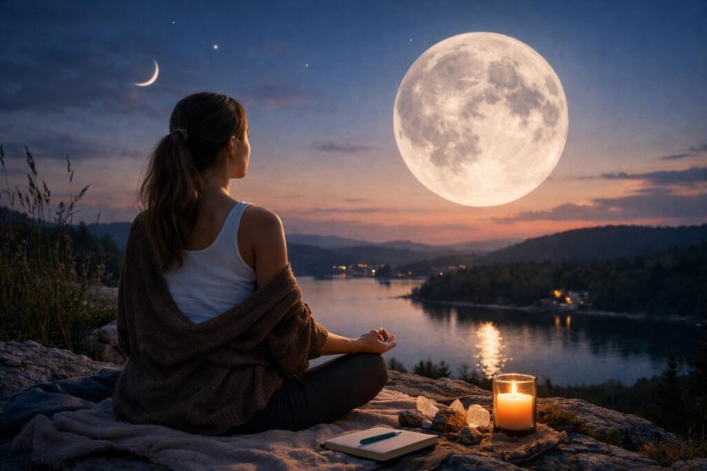 Nő a Hold fénye alatt meditál, természetes környezetben.