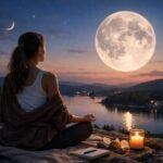 Nő a Hold fénye alatt meditál, természetes környezetben.