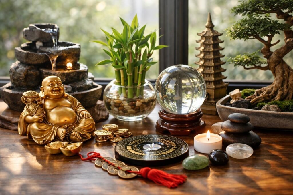 Feng Shui díszítőelemek és szimbólumok asztalon a sikerért.