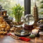 Feng Shui díszítőelemek és szimbólumok asztalon a sikerért.