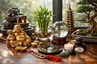 Feng Shui díszítőelemek és szimbólumok asztalon a sikerért.