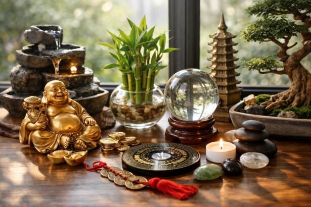 Feng Shui díszítőelemek és szimbólumok asztalon a sikerért.