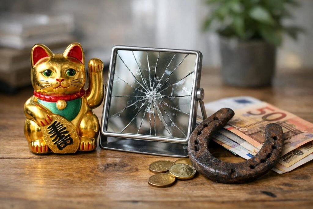 Arany macskafigura, törött tükör, lópatkó és pénz.