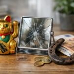 Arany macskafigura, törött tükör, lópatkó és pénz.