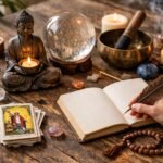 Ezoterikus eszközök és meditációs helyszín a bőség vonzásához.